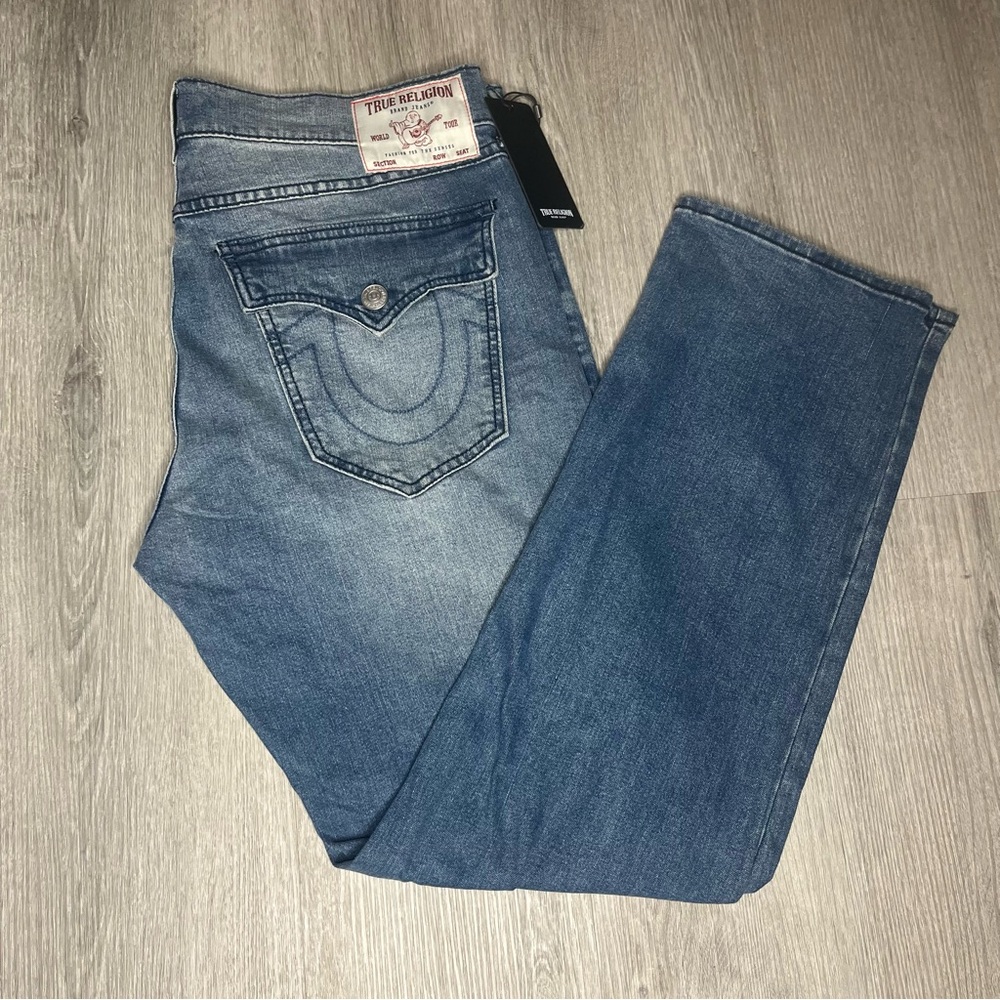 NWT True Religion Geno SN Flap Slim Light Autumn Walk Wash Denim Jeans 36x32